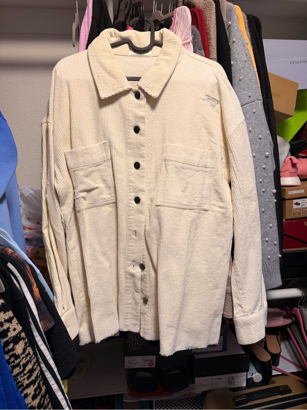 Women's Cream Button-Front Corduroy Shacket